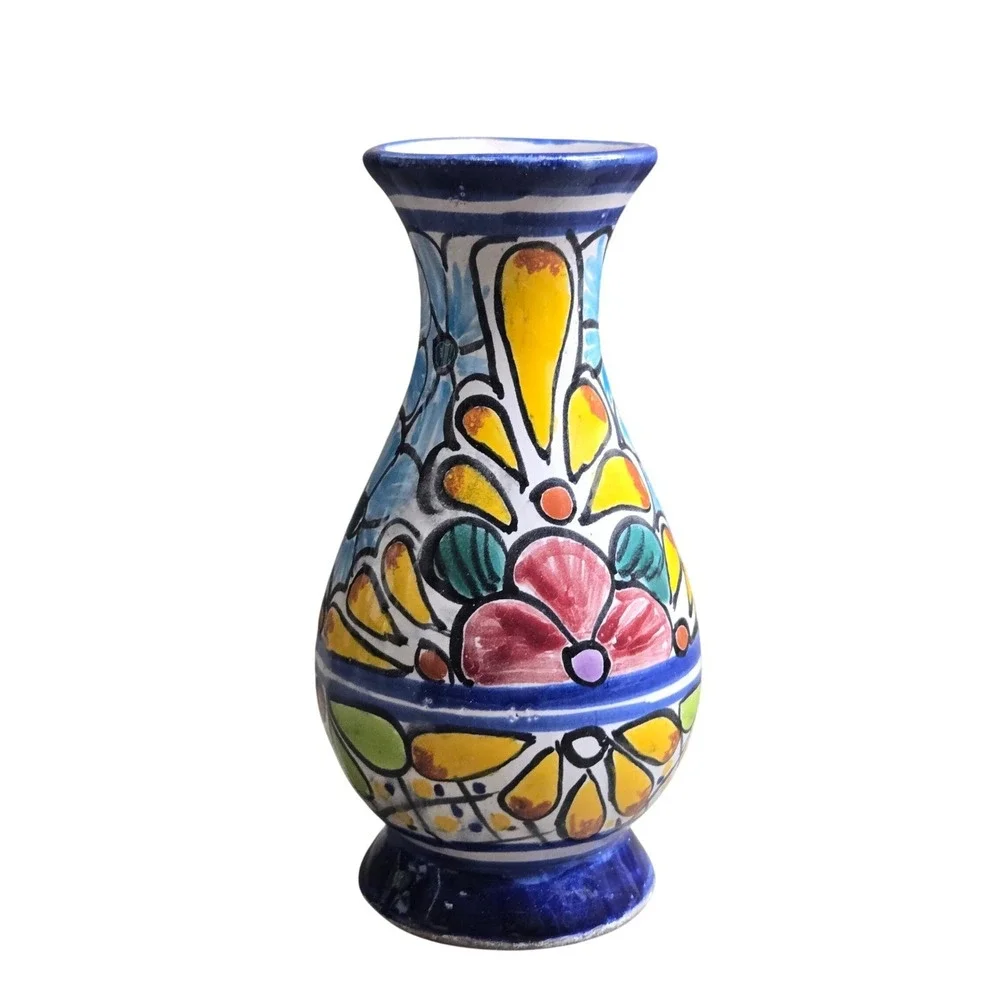 Vintage Mexico Talavera Floral Ceramic Bud Vase Hand Painted Multicolor Small
